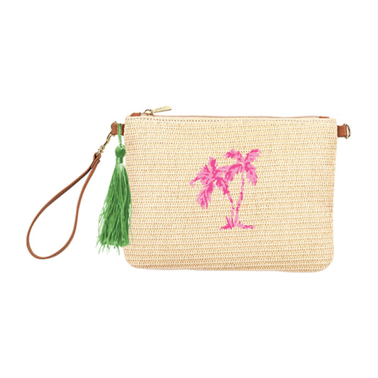 Pink Palm Tree Embroidered Wristlet